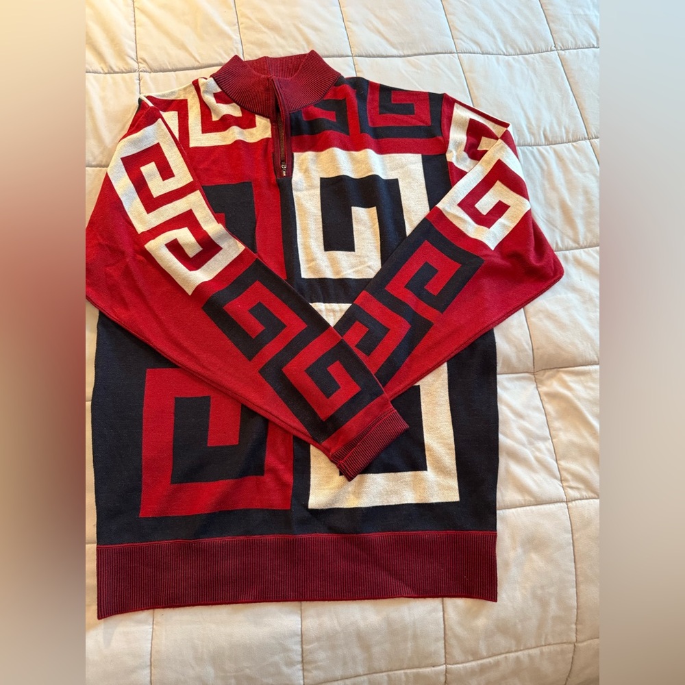 Geometric Red and Black Men's Sweater with quarter zip